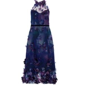 Appliquéd printed tulle halterneck midi dress